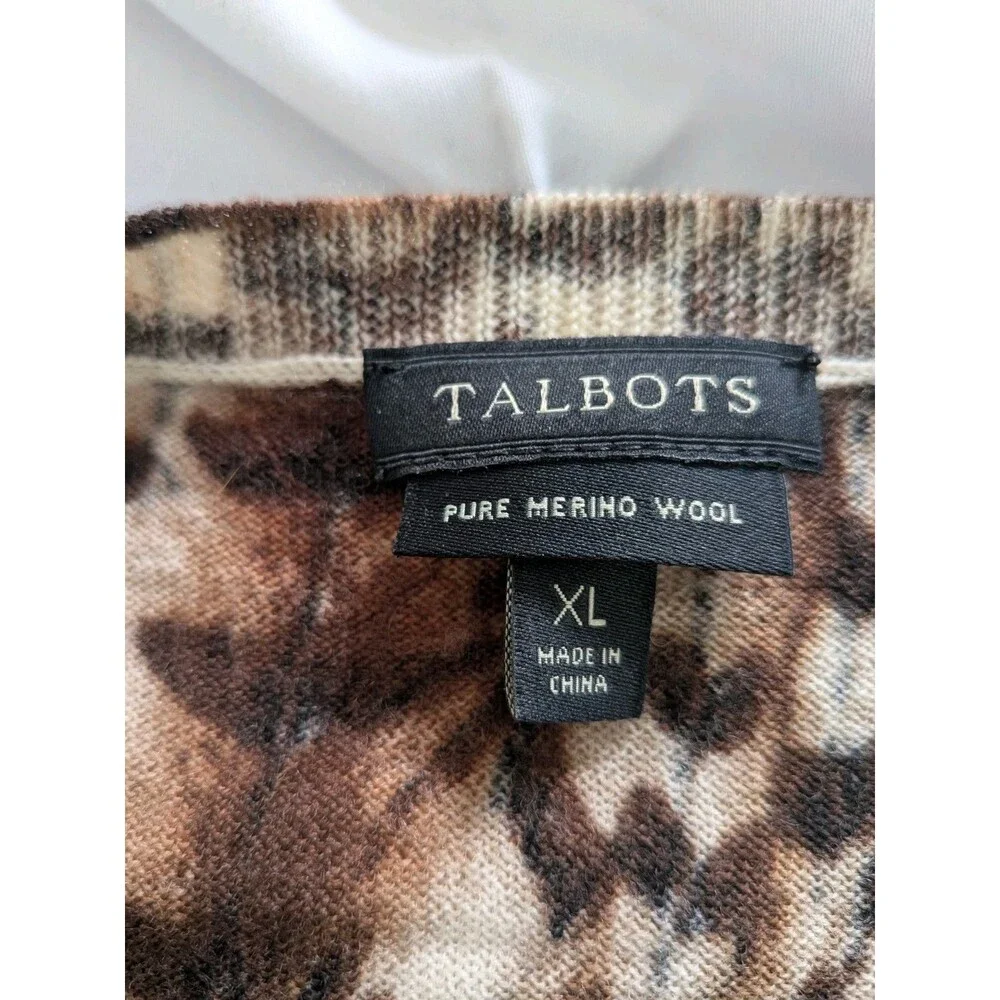 Talbots Pure Merino Wool Cardigan Sweater Womens XL Brown Feather Print Academia